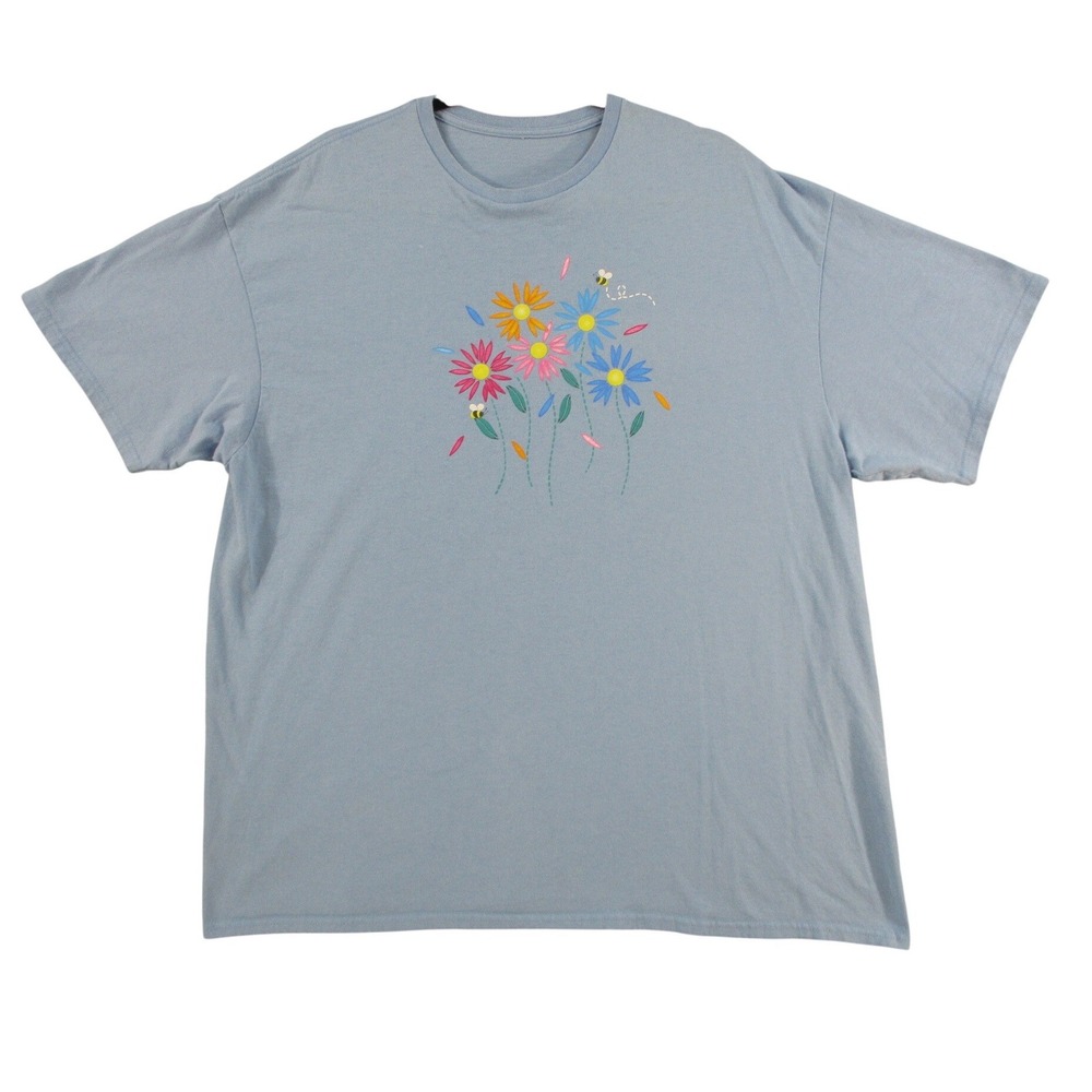 Unbranded Light Blue Floral Bee Graphic T-Shirt Mens XL Short Sleeve Crewneck